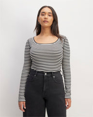 The Luxe Rib Long-Sleeve Scoop-Neck Tee | Bone / Black