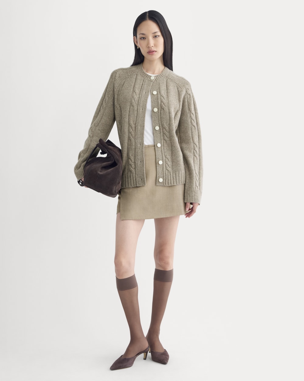 Cable Cardigan in Extrafine Luxe Merino | Heather Soft Taupe