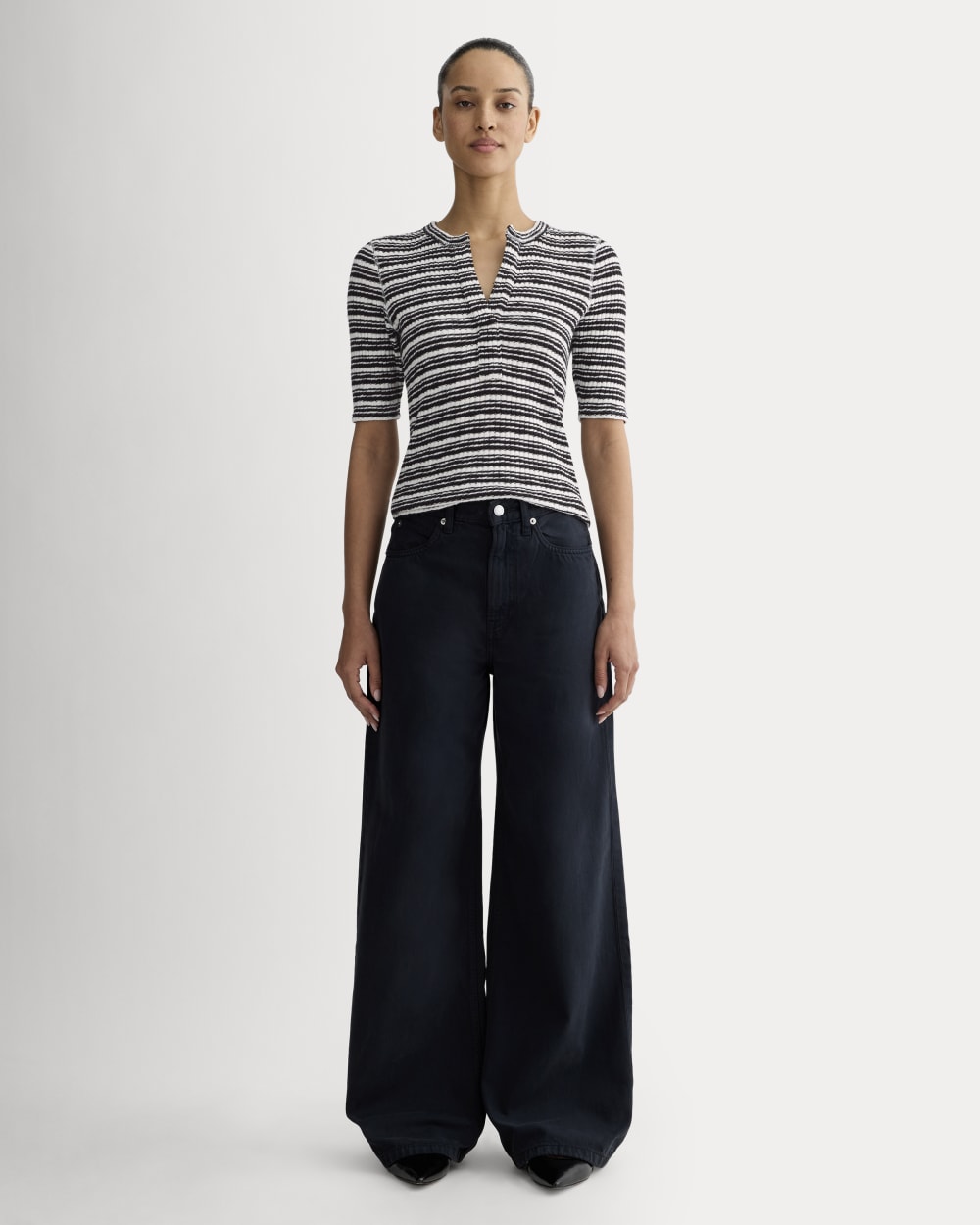 The Rib-Knit Short-Sleeve Henley | Bone / Black