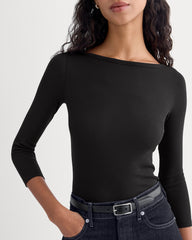 Luxe Rib 3/4 Sleeve Boatneck Tee | Black