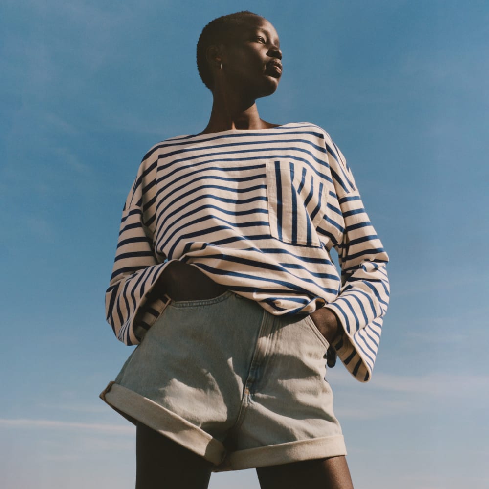 The Premium Weight Oversized Pocket Tee | Canvas Tan / Mazarine Blue