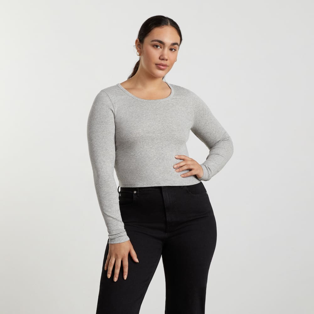 The Pima Micro-Rib Cropped Long-Sleeve Crew |  Heathered Grey