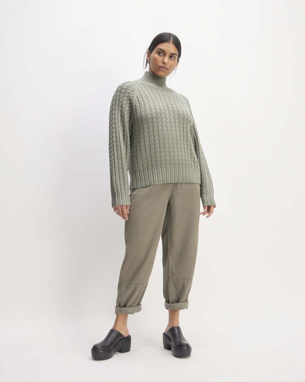 The Cotton Merino Cable Turtleneck | Sage Green