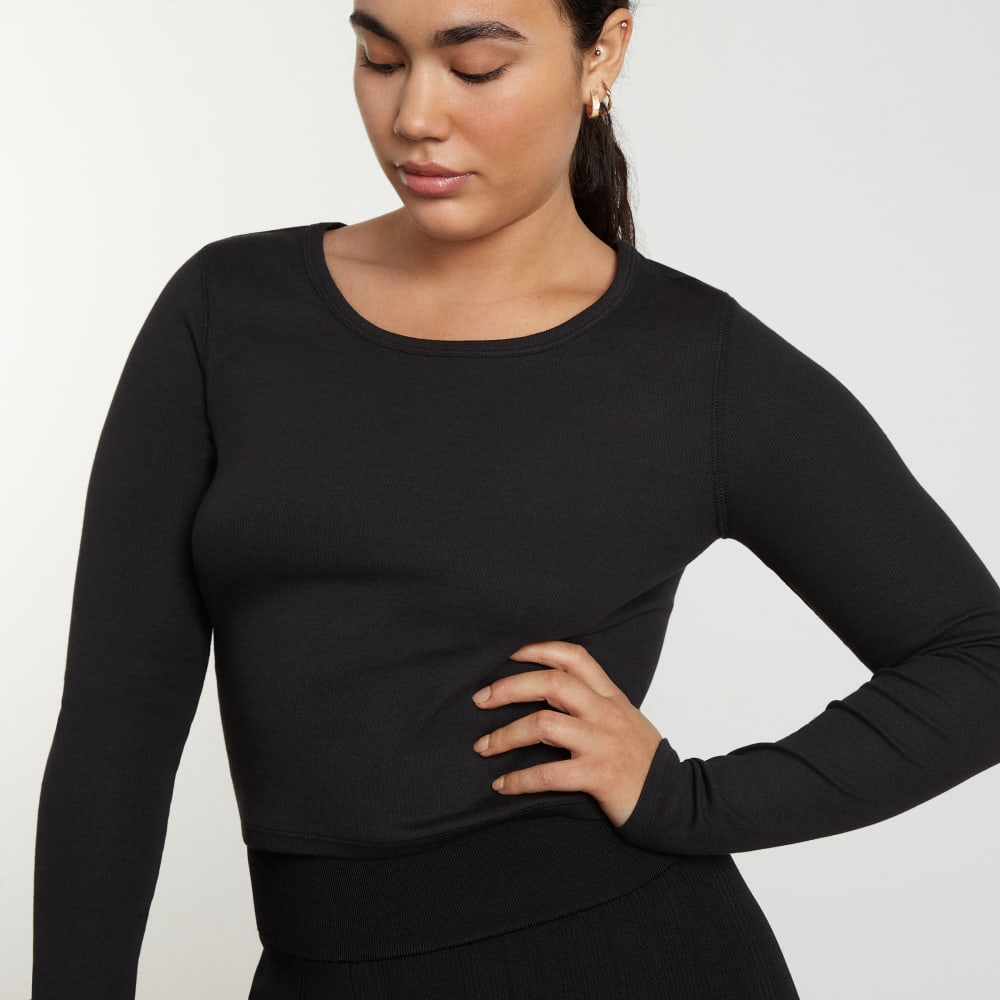 The Pima Micro-Rib Cropped Long-Sleeve Crew | Black