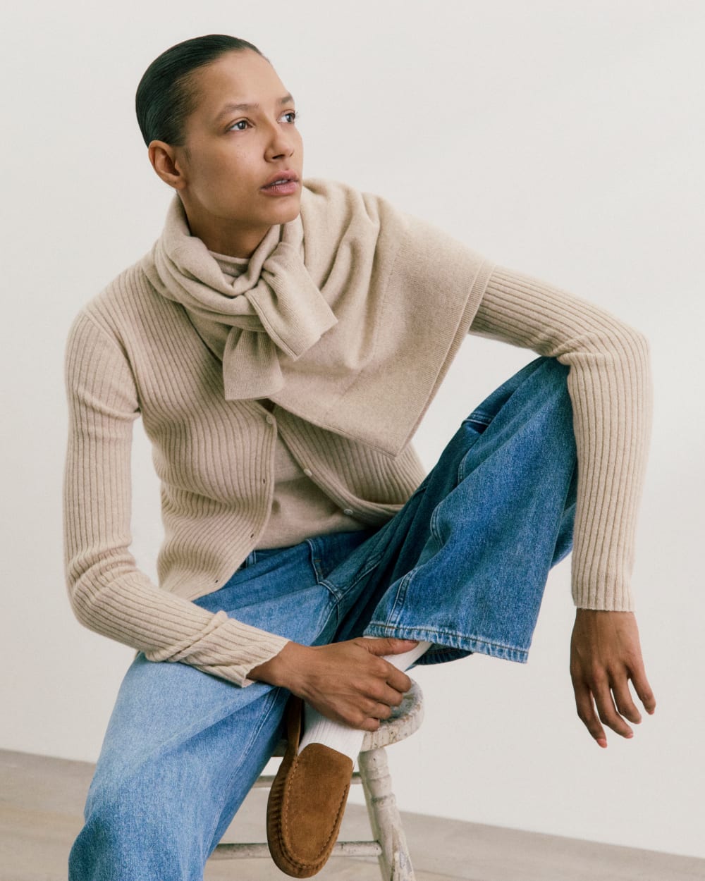 Cashmere Ribbed V-Neck Cardigan | Heather Light Camel