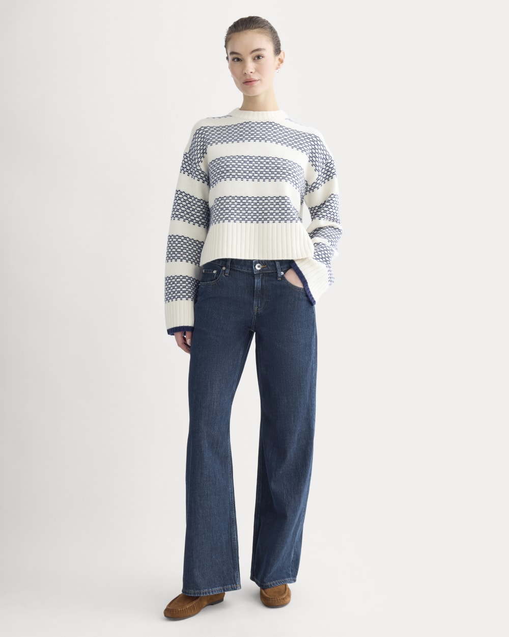 Nordic Cropped Boxy Crew in Luxe Merino | Bone/True Navy