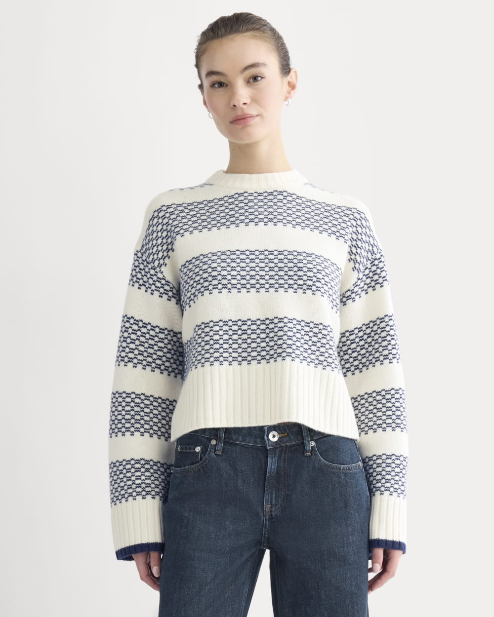 Nordic Cropped Boxy Crew in Luxe Merino | Bone/True Navy